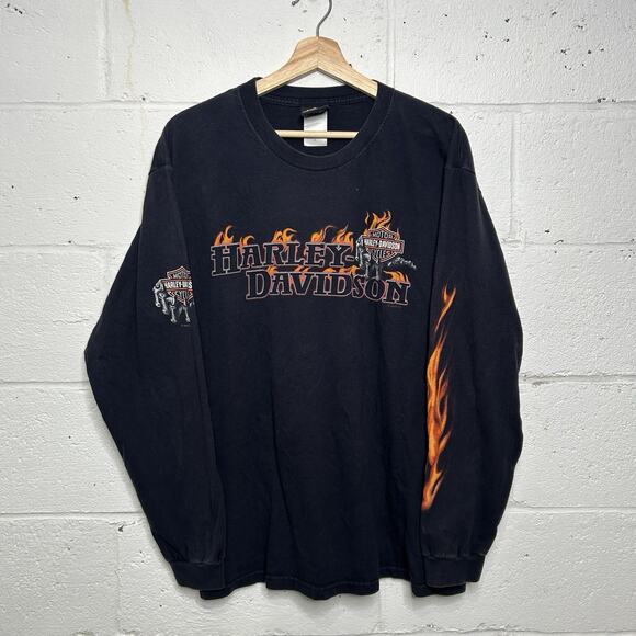 Y2K Harley Davidson Black Fire Skeleton Flames Long-Sleeve